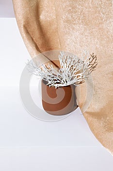 Golden textile and winter branch decor. Holiday,christmas,  concept. Still life new year wallpaper photo