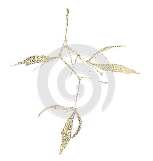 Golden texture bamboo branch with leaves. Exotic twig clipart