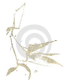 Golden texture bamboo branch with leaves. Exotic twig clipart