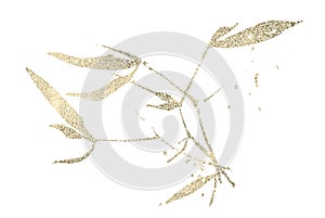 Golden texture bamboo branch with leaves. Exotic twig clipart