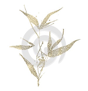 Golden texture bamboo branch with leaves. Exotic twig clipart