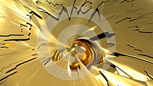 Golden texture with fractures. Beautiful abstraction with lines and cracks close-up. 3D image of liquid gold