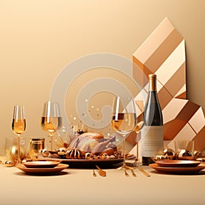 golden thanksgiving table with wine glasses wine bottle and turkey