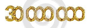 Golden thirty millions or 30m number balloons isolated on white background. 30m followers celebration