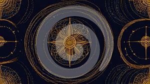 Golden Threads Interwoven with Religious Symbols on Navy-Blue Background-World Religion Day. photo
