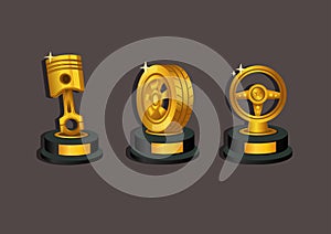 Golden thropy award in piston, wheel and steer symbol for automotive racing symbol icon set concept illustration vector