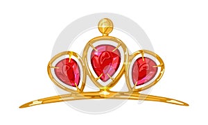 Golden tiara, diadem, crown, circlet or headband with three reg gemstones petals.
