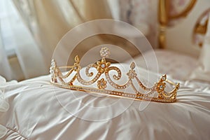 Golden tiara lying on a pillow in girl's room. Generative AI