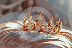 Golden tiara lying on a pillow in girl's room. Generative AI