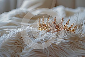 Golden tiara lying on a pillow in girl's room. Generative AI