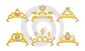 Golden Tiaras With Gemstones Vector Isolated On White Background Set