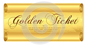 Golden ticket, Gift Certificate / Gift Voucher vector template design on gold scroll paper background