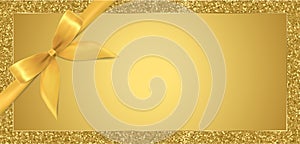 Golden ticket, Gift Voucher, Gift Certificate with sparkle glitter frame background and gold bow ribbon