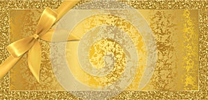 Golden ticket, Gift Voucher, Gift Certificate with sparkle glitter frame background and gold bow ribbon.