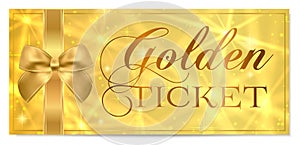 Golden ticket, Gold ticket gold bow vector template design with star golden background