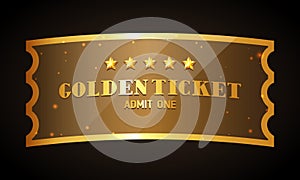 Golden ticket. Golden ticket with five stars and golden sparkles. Vector illustration.