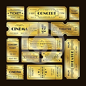 Golden tickets. Admit one gold movie ticket set. Vip party coupon vector templates