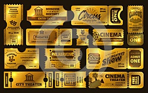 Golden tickets. Gold circus show ticket, premium cinema movie night coupon and theatre tickets vector set. Shiny
