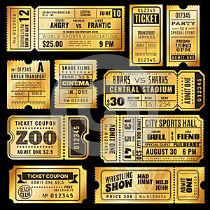 Golden tickets. Old gold admission vip ticket of circus, wedding party and cinema, theater concert. Raffle premium