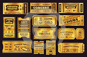 Golden tickets, old vintage coupons, premium gold ticket. Retro cinema or concert admission coupon, circus or theatre