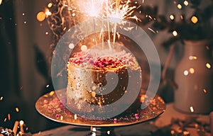 a golden tier cake with pink sparklers