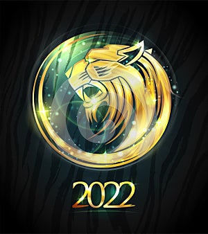 Golden tiger profile portrait on card 2022 year