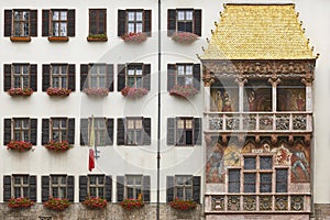 Golden tiles in a decorated balcony roof. Innsbruck, Austria