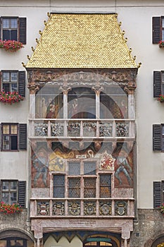 Golden tiles in a decorated balcony roof. Innsbruck, Austria