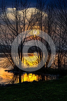 Golden time! Sunset behind trees on a half frzen lake