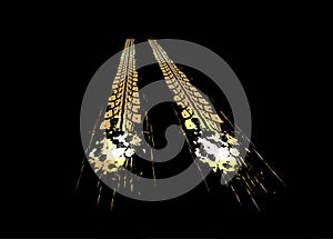 Golden tire tracks on dark background. Vector illustration