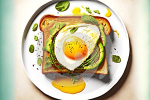 golden toast with avocado choed greens and fried egg