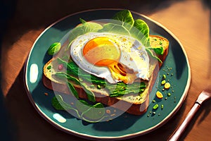 golden toast with avocado choed greens and fried egg