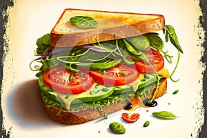 golden toast with avocado, fresh tomatoes and green arugula