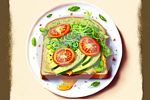 golden toast with avocado, fresh tomatoes and green arugula