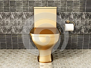 Golden toilet in luxury bathroom. 3D illustration