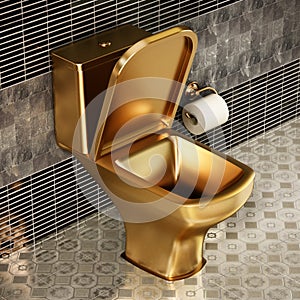 Golden toilet in luxury bathroom. 3D illustration