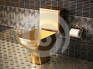 Golden toilet in luxury bathroom. 3D illustration