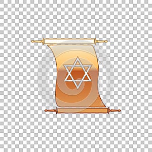 Golden Torah scroll isolated object on transparent background. Jewish Torah in expanded form. Torah Book sign. Star of