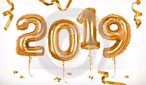 Golden toy balloons. Happy New Year 2019. 3d vector icon