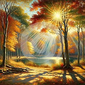 Golden Tranquility: Sunlit Autumn Clearing by the Lake, nature painting, autumn painting