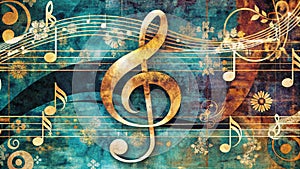Golden treble clef on a grunge music notes background