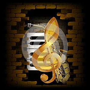 Golden treble clef saxophone piano key on a brick wall