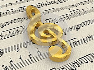 Golden treble clef on score paper