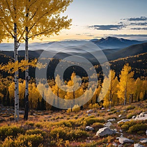 Golden tree leaves of a fall aspen forest contrasted against a black and white panoramic landscape scene in