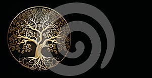 Golden Tree of Life over Black Background Banner Illustration , Sacred Tree Circular Shape, Generative AI
