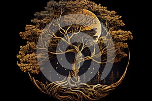 Golden tree with moon illustration on dark background. Mystical forest.generative ai