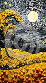 Golden Tree And Moon: A Mosaic Pop Art Oil Painting