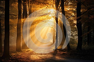 Golden trees in the autumn forest with sun rays Autumnal Woods Forest in Autumn Seasonal Beauty