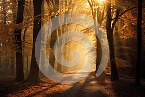 Golden trees in the autumn forest with sun rays Autumnal Woods Forest in Autumn Seasonal Beauty