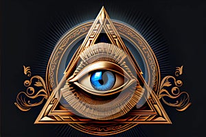 golden triangle with blue eye. Masonic symbol.